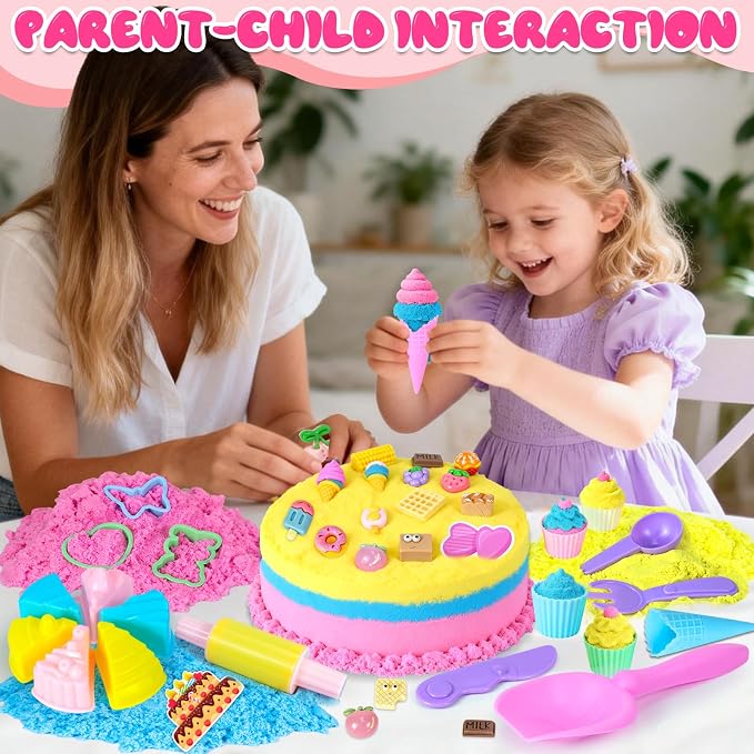 Cake & Ice Cream Sensory Bin Sand Toy, Play Sand Art Kit Set for Toddlers | Sensory Bin with Sandbox & Accessories & Tools & 3 Color Magic Sand, Pretend Play Desserts Toys Set Gifts for Girl Toddlers