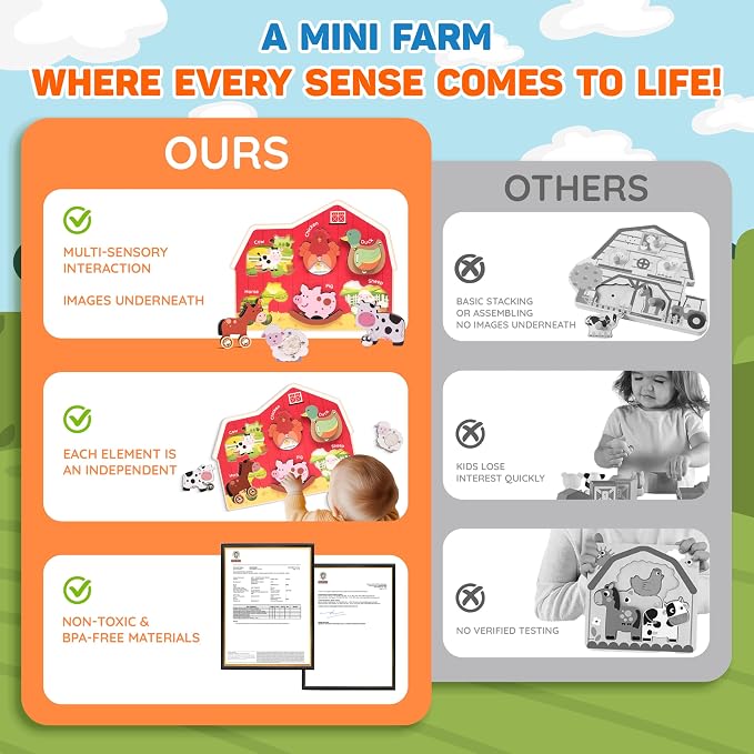 KALOTOYS Wooden Farm Animal Puzzle for Toddlers 1-3 – 6 Piece Montessori Sound & Sensory Puzzle with Textures & Hatching-Egg Chicken – Fine Motor Learning Toy & Autism-Friendly Baby Gift