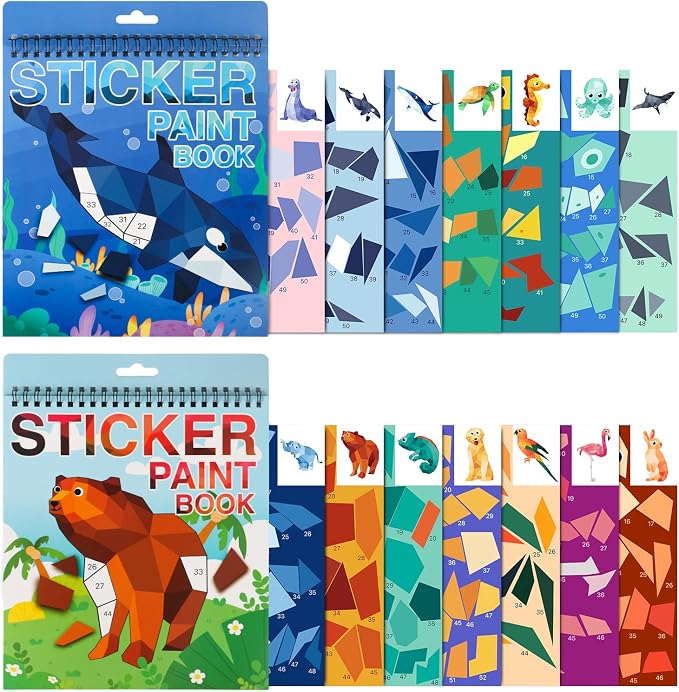 TPQKA 2PCS Crafts for Kids Ages 4-8,8-10 Sticker Paint Number Books Sticker Books for Kids Animal and Ocean Stickers for Birthday Easter Party Favor Road Plane Car Travel Activity (Ocean+Animal)