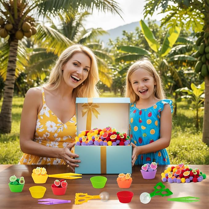 EZdhuawuse Summer Sensory Bin Fillers - 268P Summer Fruit Fine Motor Toys Counting Sorting for Kids, Color Sorting Set with Felt Banana Pom Poms Cup Clip for Preschool Education Birthday Party Favors