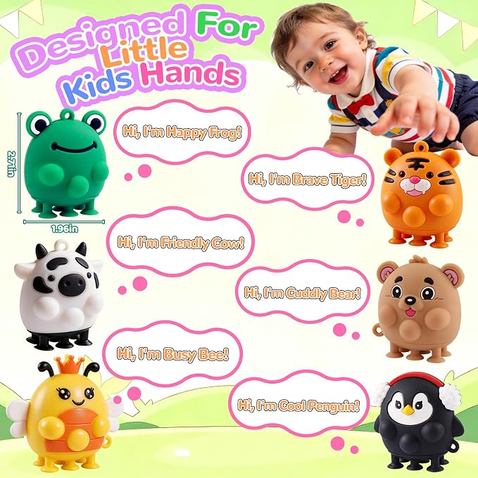 ChildFun 6 PCS Animal Suction Popper Sensory Toys, Travel Toys for Airplane & Car Activities, Silicone Pop Fidget Toys for Kids, Birthday Gifts for Girls & Boys