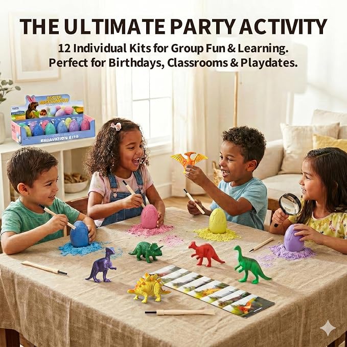 12 Pack Colorful Dinosaur Eggs, Excavation Kit with Learning Cards | STEM Science Toy for Kids, Easter Basket Stuffers, Party Favors, Birthday Gifts Classroom Activities for Boys Girls Age 3+