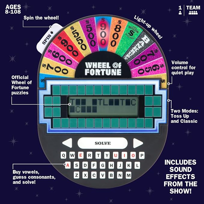 Educational Insights Wheel of Fortune Game - Handheld Electronic Game, Great for Travel, Classic Retro Party Games for Kids, Teens & Adults, Word Puzzle Challenge & Entertaining Gift, Ages 8+