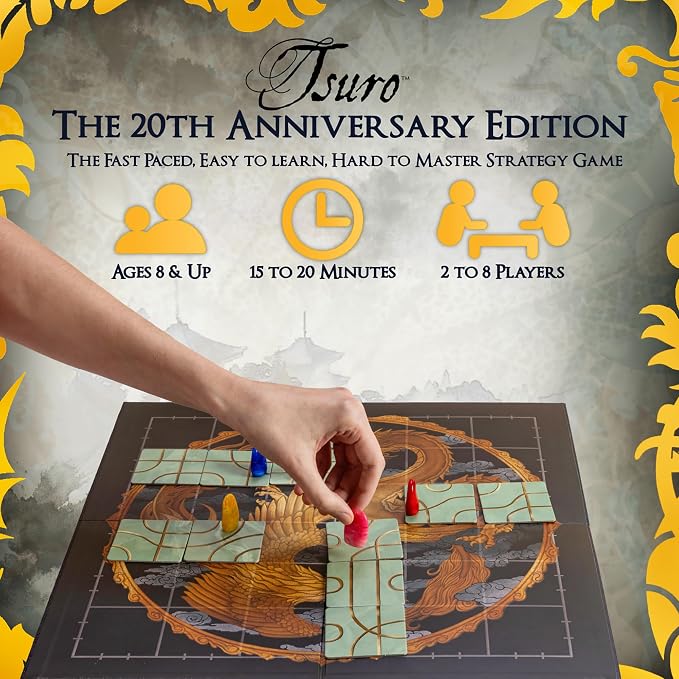 Tsuro 20th Anniversary Edition, Award Winning Tile Laying Strategy Game | Enhanced Path Tiles, 8 Upgraded Dragon Pawns, Exclusive Storage Bag, 15 - 30 Minutes, For 2-8 Players Ages 8+