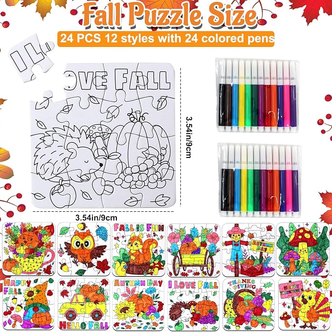 Thanksgiving Fall Arts & Crafts for Kids, Autumn Activity Kit Blank Puzzle | 24 Set Thanksgiving Jigsaw Pumpkin Turkey for Fall Harvest Party Favors Classroom Gifts DIY Coloring Games Toys Supplies Bulk