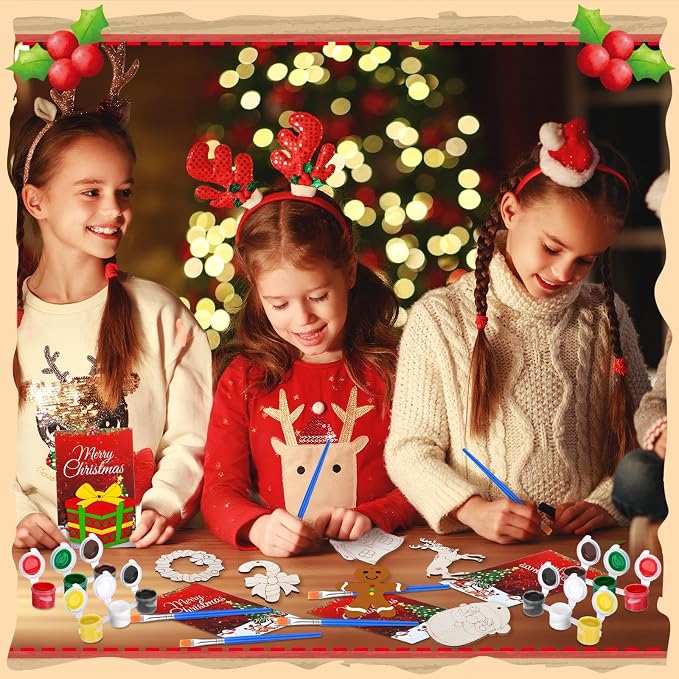 Saypacck 24 Pcs Christmas Party Favors Wooden Paint Craft Kits | DIY Painting Crafts with Brush Organza Bags, Christmas Stocking Stuffer Gifts, Festive Ornament Shapes