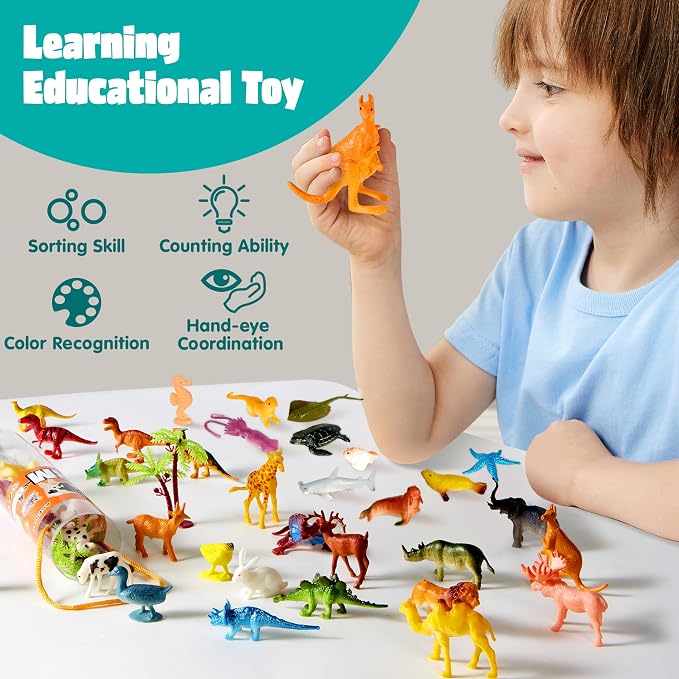 JOYIN 69 Pcs Small Animal Figures, Mini Jungle Toy Set with Sensory Bin, Realistic Wild Forest Playset, Zoo, Ocean, Farm Animals Figurines, Dinosaur Party Favors, Easter Gifts for Boys and Girls 3-5
