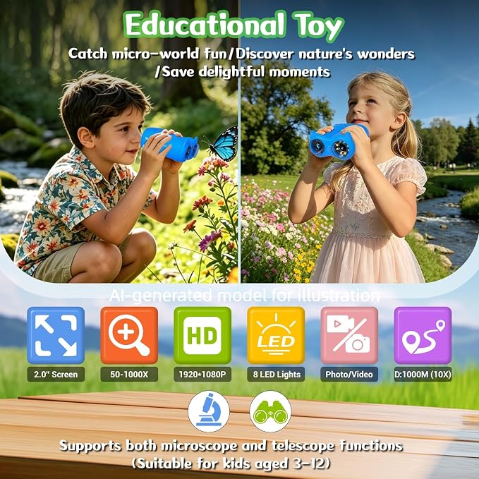 1000X Handheld Microscope for Kids, 2 in 1 Pocket Digital Microscope 2.0" & 10X Telescope for Kids - Science Kits STEM Toys - Gifts for Boys Girls Ages 3 4 5 6 7 8 9 10 11 12(Blue)