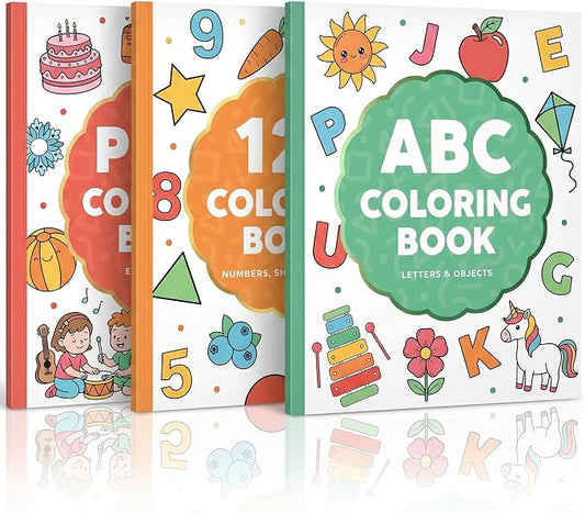 ZICOTO Fun Coloring Book for Kids - Set of 3 Cute Toddler Coloring Books | Educational Activity Water Color Pages with Simple Designs for Boys and Girls - Covers Alphabet, Numbers, Colors & Shapes