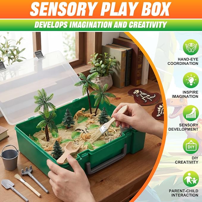 Jenaai Dinosaur Sensory Bin Dinosaur Excavation Archaeology Dig Kit Dino Skeletons Bones Puzzle Game Sandbox Storage with Lid Sand for DIY Making Kit Decoration Gifts Pretend Learning Construction