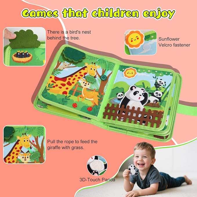 Farm Montessori Busy Book for Toddlers 1-3 - Soft Fabric Sensory Busy Board Quiet Activity Books for 1 2 3 Year Old Toddler Boy Girl Gifts - Airplane Car Travel Essentials Educational Learning Toys