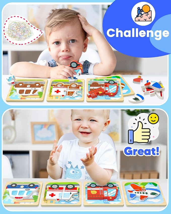 Benresive Wooden Toddler Puzzles, Toddler Toys, 1 2 Year Old Boy Girl Gift | 4 Pack Vehicle Montessori Toys for 1 2 Year Old, Preschool Educational Learning Toy, Great Birthday Gifts for Boys Girls