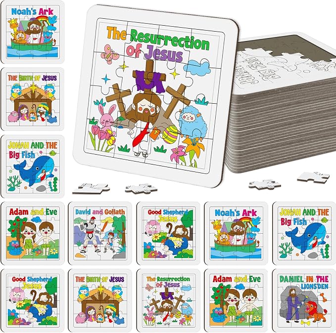 Cinrobiye 24 PCS Bible Story Jigsaw Puzzle Craft Kit, Religious Coloring Puzzle Set with Pens, DIY Christian Church Activity for VBS Sunday School Group Crafts, Faith-Based Party Favors Supplies