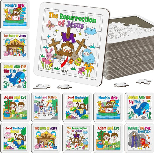 Cinrobiye 24 PCS Bible Story Jigsaw Puzzle Craft Kit, Religious Coloring Puzzle Set with Pens, DIY Christian Church Activity for VBS Sunday School Group Crafts, Faith-Based Party Favors Supplies