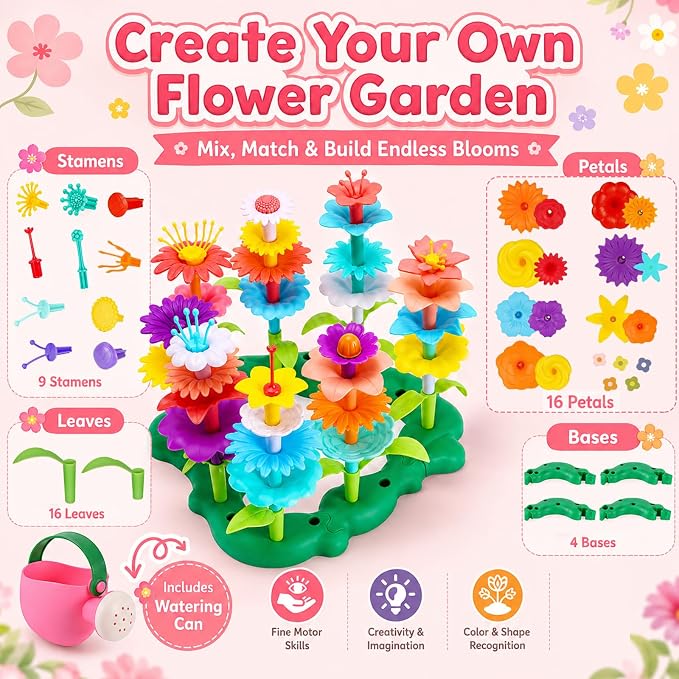 FUNZBO Flower Garden Building Toys Set - STEM Montessori Toys for Girls | Birthday Gifts for Age 3 4 5 6 7 8 9-12 Years Old Girl, Sorting & Stacking Spring Gardening Toy for Kids