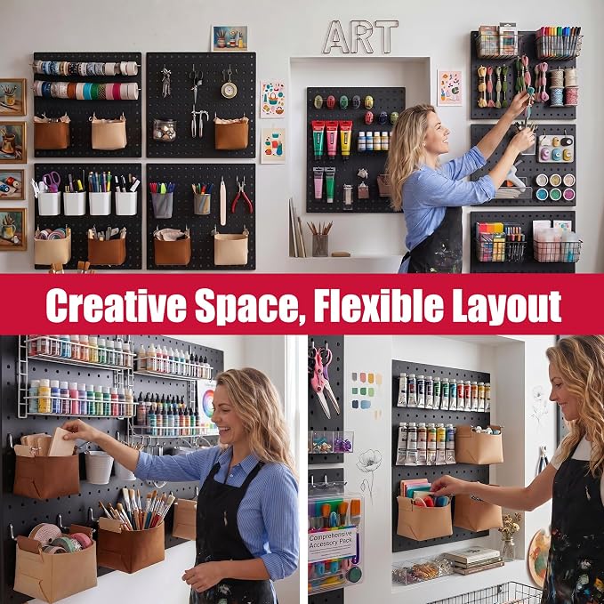 Spampur Peg Board, 8 Pack Metal Pegboard Wall Organizer with Accessories | Black Pegboard Panels with 50 Pcs Hooks and Baskets, Wall Organizer for Office, Craft Room Organization, Garage, Sewing Room