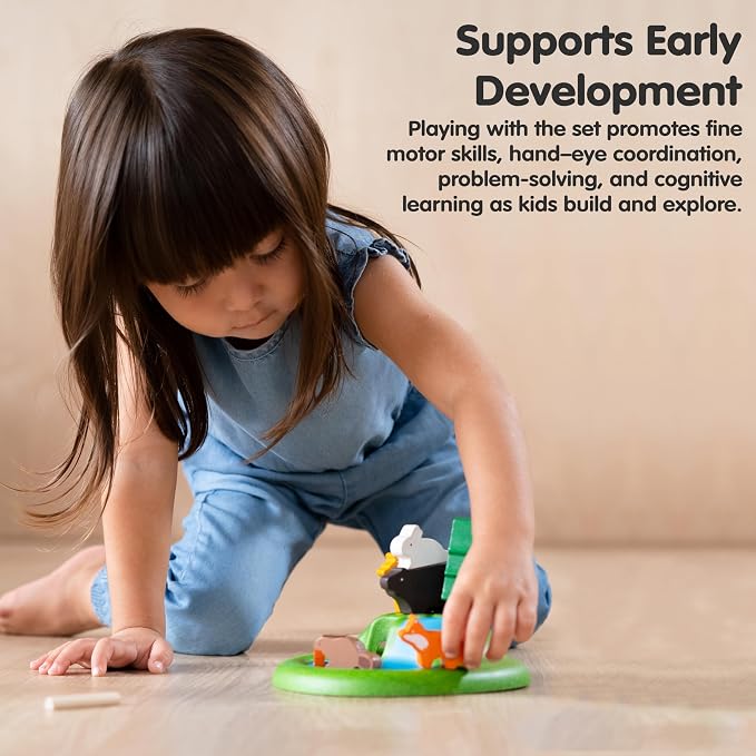 PlanToys® Wooden Animal Toy Set for Toddlers, 16 Pcs Montessori Forest Set | 16 pcs forest playset, trees cave mountain, wooden animal toy set, montessori open-ended nature play, preschool educational k