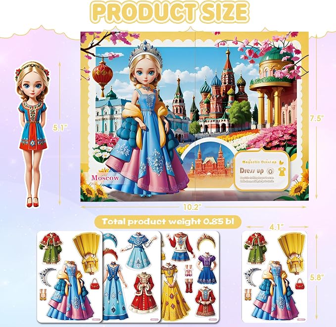 Magnetic Dress Up Dolls for Girls - Princess Magnet Paper Dolls Book with 3D City Buildings - Travel Car Trip Quiet Book Game Toys Easter Birthday Gifts for Kids Toddlers Ages 3 4 5 6 7(Style G)