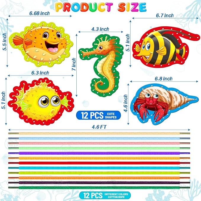 12 Pcs Lacing Cards for Kids, Sea Animals Sewing Cards with 12 Colorful Laces, Thicken Double Sided Lacing Playing Games for Children Developing Imagination Education Supplies