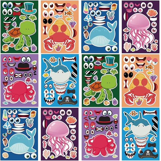 24 Sheets Make a Face Ocean Stickers for Kids Party Favors | Make Your Own Sea Animal Stickers Birthday Decorations Supplies for Toddlers, Under The Sea Crafts Activities Gifts