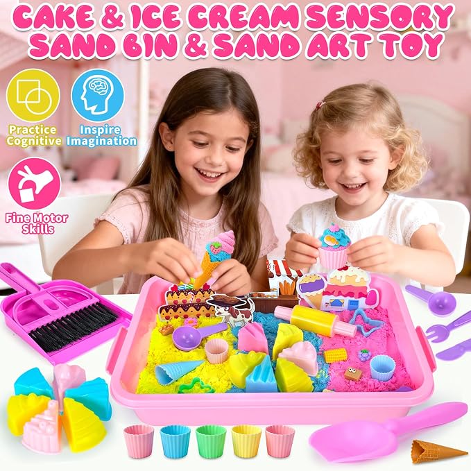 YongnKids Sensory Bin Cake & Ice Cream Sandbox for Kids Girls 3+ | Sand Art Kit w/Lid Sensory Toys include Cake Molds,Play Sand Tools, Ice Cream Toy Shop,Great Fun Gift for Girls Boys