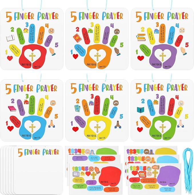 MotiMind 30 Sets Sunday School Crafts for Kids Christian 5 Finger Prayer Handprint DIY Crafts Religious Bible Verse Arts Make Your Own Finger Prayer Gift for Church Classroom Home Activities
