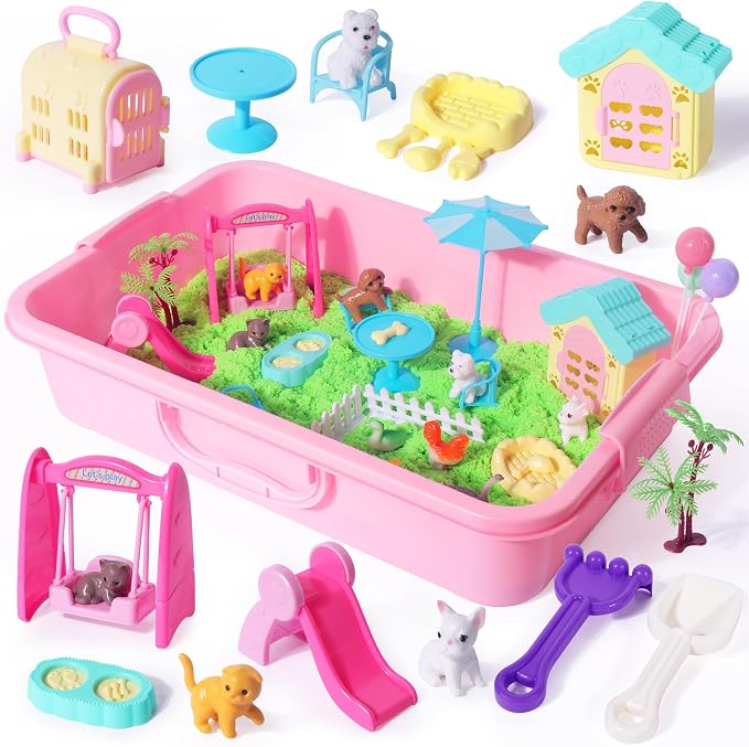 Billeeit. Pet Sensory Bin Sand Toy w/2.2lbs Green Moldable Sand | Dog ＆ Cat Play Sand Kit, Including 28pcs Accessories Total, Sand Box Toys Gift for Kids 3+ Boys and Girls Indoor Creativity