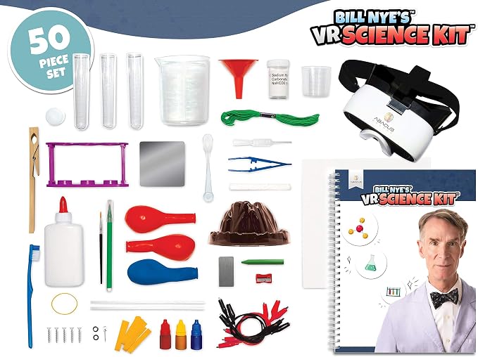 Abacus Brands Bill Nye's VR Science Kit - Kids STEM Set, Gift Ages 8-12 | 30 Hands-on Experiments, 50-Piece Activity Lab, 80-pg Interactive Book, Virtual Reality Goggles Incl., Chemistry & Physics