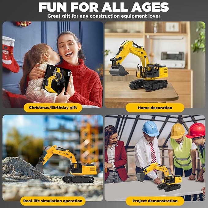 1:18 Metal RC Excavator Toy for Kids | 11-Channel Remote Control Construction Vehicle with Water Spray, Lights & Sounds, Dual 100-Min Batteries, 2026 New STEM Engineering Toy for Boys Ages 6-12