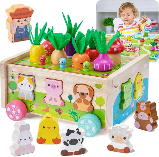 Toddler Montessori Wooden Farm Toys for 1 2 3 Year Old Babies Boys Girls | 12-18 Months Toy with Game Map | 1st First Birthday Gifts for 1-2 Years | Wood Learning Educational Toys Fine Motor Skills