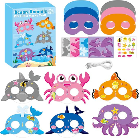 WATINC Ocean Animals Mask Craft - 24pcs Make Your Own Sea World Animal Foam Mask Kit for Kid, Under the Sea DIY Set with Diamond Stickers for Dress Up Party Favor Art Project Family Classroom Activity