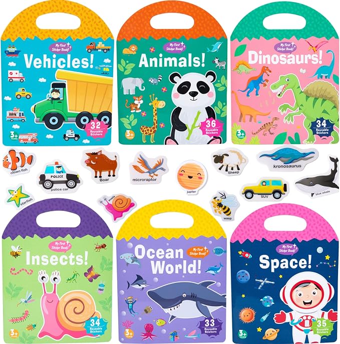Jelly Reusable Sticker Books, Portable Travel Toys Sticker Activity Book for Kids 3+ Year Old Girls Boys, Animal Insect Dinosaur Ocean Space Car