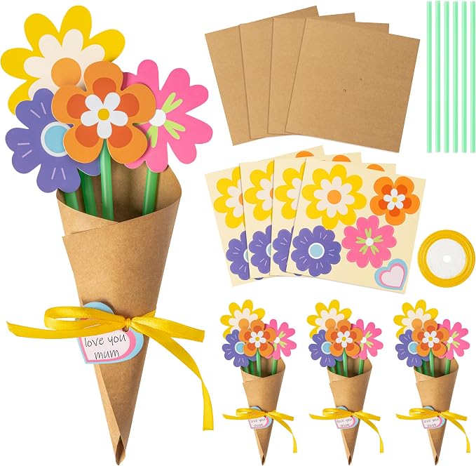BeYumi Flower Bouquet Craft Kit - 24Pcs Mother's Day Flower Bouquet Craft for Kids Make Your Own Bunch of Flowers Teacher Appreciation Week DIY Thankful Gift Set School Classroom Home Fun Activities