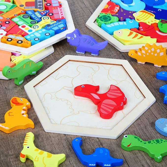 Jerify 5 Pack Wooden Tangram Puzzle for Kids, Brain Teaser Puzzles | Cute Pattern, Wooden Hexagon Puzzle Block Teaser, Pattern Block, Tangram Puzzle, Geometric Shapes Tangram, Boy Girl Toddler