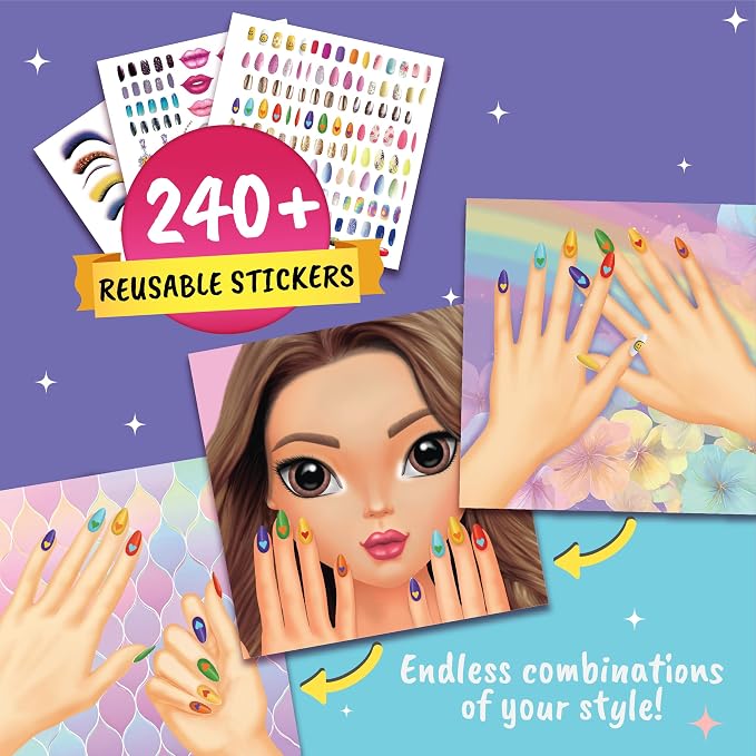 BSCOOL Nail Sticker Book for Kids – Drawing Coloring Makeup | Features 240+ removable stickers for endless nail design and makeup combinations. Suitable gift for girls ages 4 and up.