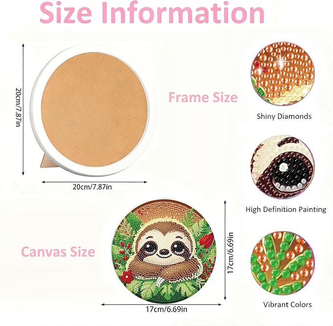 Gemozaic Sloth Diamond Art Kits for Kids Ages 6-8-12, Round Frame, 8 x 8 in | Cute Sloth Diamond Art for Kids 10 12 Year Old, DIY Easy Kid Big Gem Painting, Animal Arts and Crafts for Girl Birthday Gift