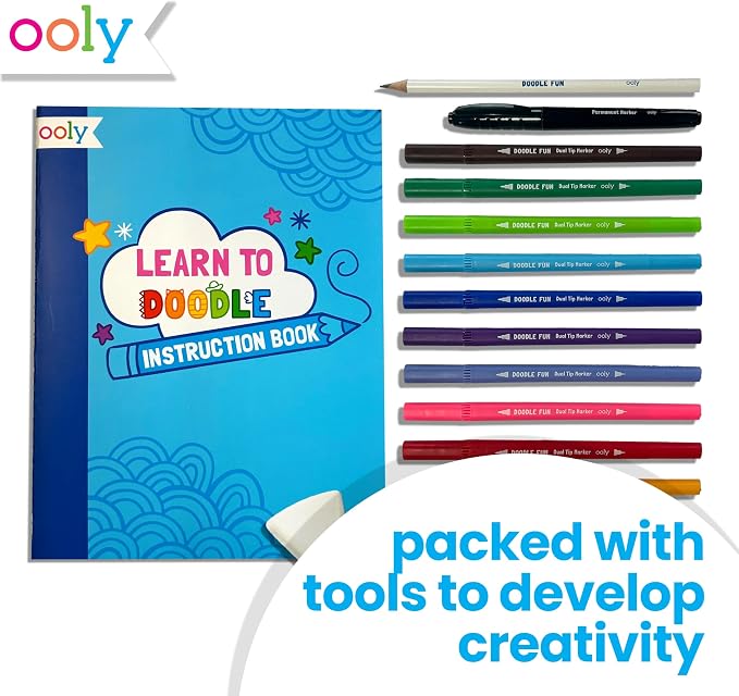 Ooly Learn to Draw & Color Activity Book Kit, 17 Piece | Ages 6+, 12 Double-Sided Markers, 1 Permanent Marker, Pencil, Eraser, and Sharpener, Doodle Fun, Screen-Free Fun