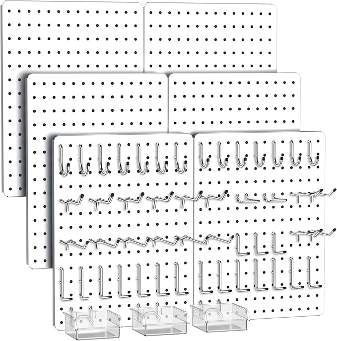 Peg Board, 112pcs Metal PegBoard Organizer with Accessories, 6 Pack 16'' x 12'' White Pegboard Panels with Hooks, Wall Organizer for Craft Room,Sewing Room,Office,Garage,Kitchen