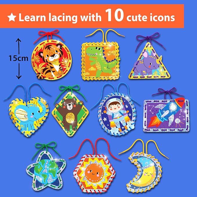 KRAFUN Space & Dino Holographic Lacing Cards Age 3+ |10 Projects | Holographic lacing cards: T-Rex, Astronaut, Rocket, Tiger & Dinosaur. Builds fine motor skills. For boys & girls age 3+