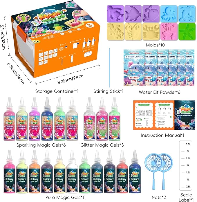 Timetome DIY Squishy Maker Kit for Kids Ages 3+ | Magic Water Elf Gel Toy Set with 20 Gels & 10 Molds, Glitter Glow Sensory Craft Activity for Creative Play