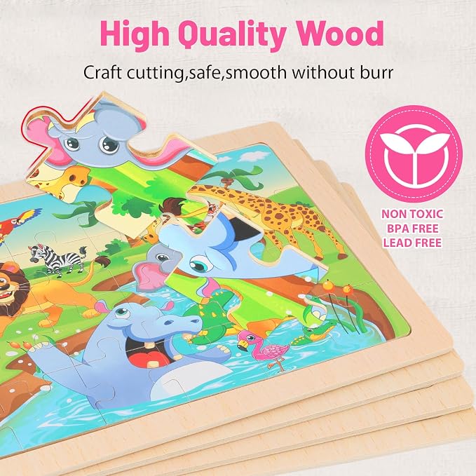 Puzzles for Kids Ages 4-6, 4-Pack 24-Piece Wooden Kids Puzzles | Animal, Dinosaur, Ocean & Farm Themes | Educational Puzzles for Kids Ages 3-5, Age-Appropriate Learning Toys, Ages 3+