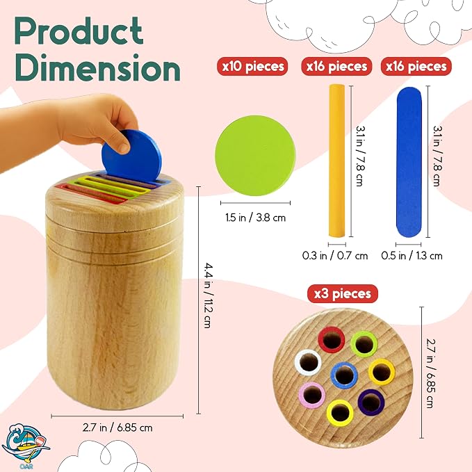 OAR Wooden Montessori Baby Toddler Toys 1-3, 3 in 1 Fine Motor Sensory Toy | Beech Wood Set: Color Sorting, Coin Drop And Cause-And-Effect Play; Builds Fine Motor Skills And Sensory Focus For Toddlers