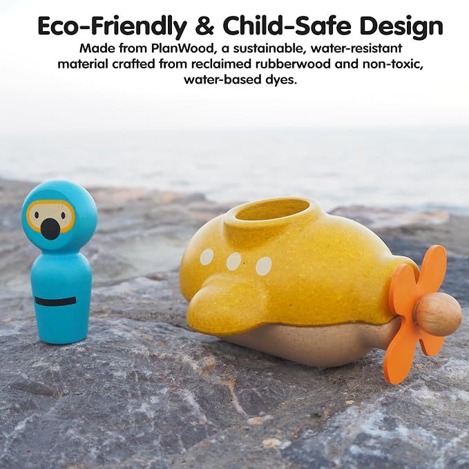 PlanToys® Submarine Wooden Baby Bath Toy for Toddlers, Waterproof Pool Toy | wooden submarine, waterproof bath pool toy, montessori fine motor imagination, non-toxic water play, 18+ months, toddlers kid