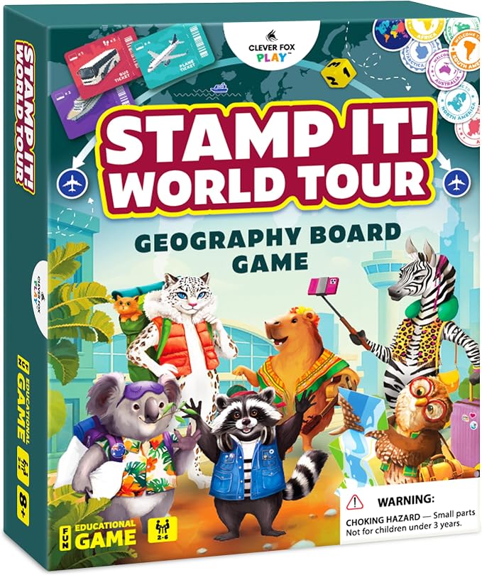 Stamp It! World Tour, Educational Map Geography Board Game for Kids 8-12 | Family, classroom & homeschool essential, learning gift, travel across the world, collect stamps & practice geography trivia