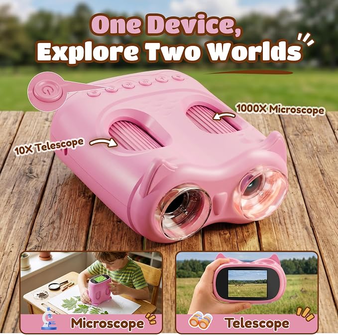 1000X Digital Microscope for Kid Handheld: 2-in-1 Telescope Portable STEM Toy - Birthday Gift for Boy Girl - Science Kits 10X Magnifying Glass for Age 3-8 8-12 USB Gadget Pink