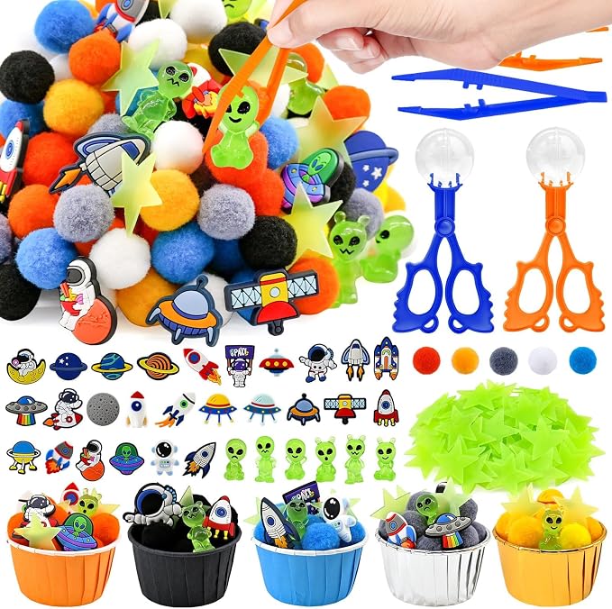 247 Pcs Astronaut Sensory Bin Filler Space Galaxy Alien Counting Sorting Sensory Bin Items Fine Motor Counts for Summer Sorting Counting