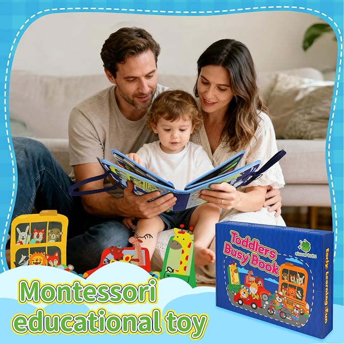 Montessori Busy Book for Toddlers 1-4, Quiet Learning Activity Book – Numbers, Colors, Clock Time, Vehicles, Animal Matching, Dressing Practice, Fine Motor Sensory Travel Toy, Gift for 1-4Y Boys Girls
