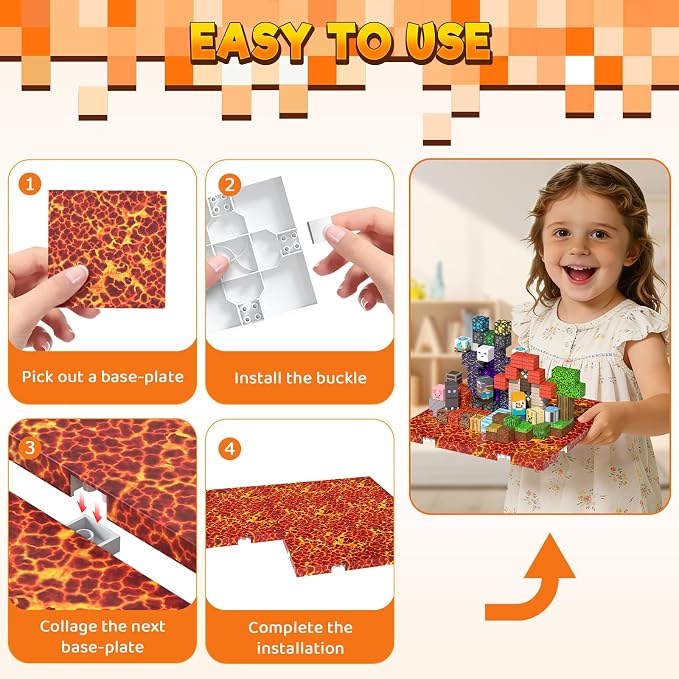 8PCS 4" x 4" Magnetic Building Block Base Plates for Kids, Strong Grip Magnetic Tiles Base Compatible with Most Popular Magnetic Blocks & Cubes, STEM Educational Toys for Boys Girls Ages 3+ (Lava)