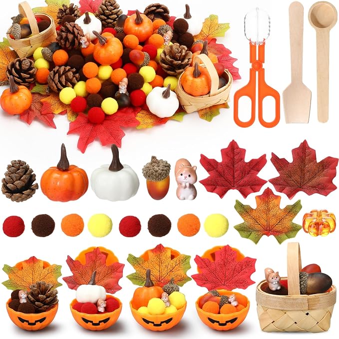 WinnerWhy 320 Pcs Fine Motor Toys Fall Thanksgiving Decorations, Sensory Bin Filler, Pumpkin Bowls, Woven Baskets, Pompom, Maple Leaves, Squirrels, Pumpkins, Acorns, Pine Cones for Autumn Party Decor