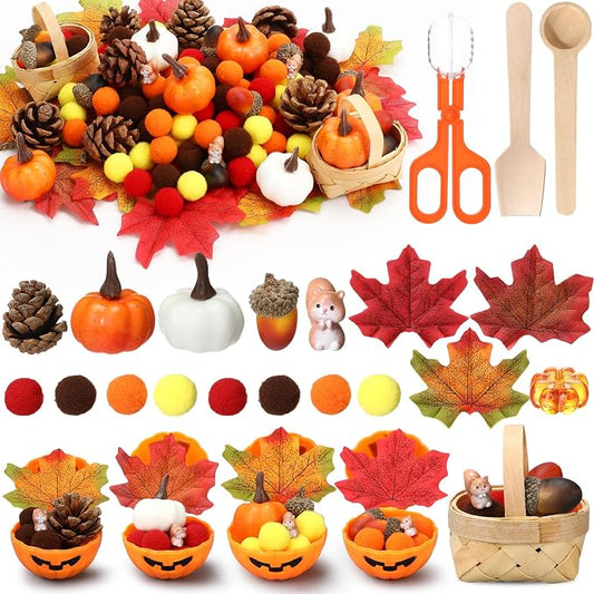 WinnerWhy 320 Pcs Fine Motor Toys Fall Thanksgiving Decorations, Sensory Bin Filler, Pumpkin Bowls, Woven Baskets, Pompom, Maple Leaves, Squirrels, Pumpkins, Acorns, Pine Cones for Autumn Party Decor